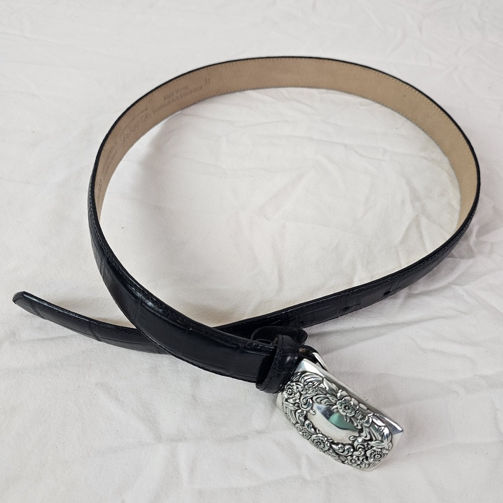Talbots Belt Black Croc Leather Silver Tone Buckle Women's Medium